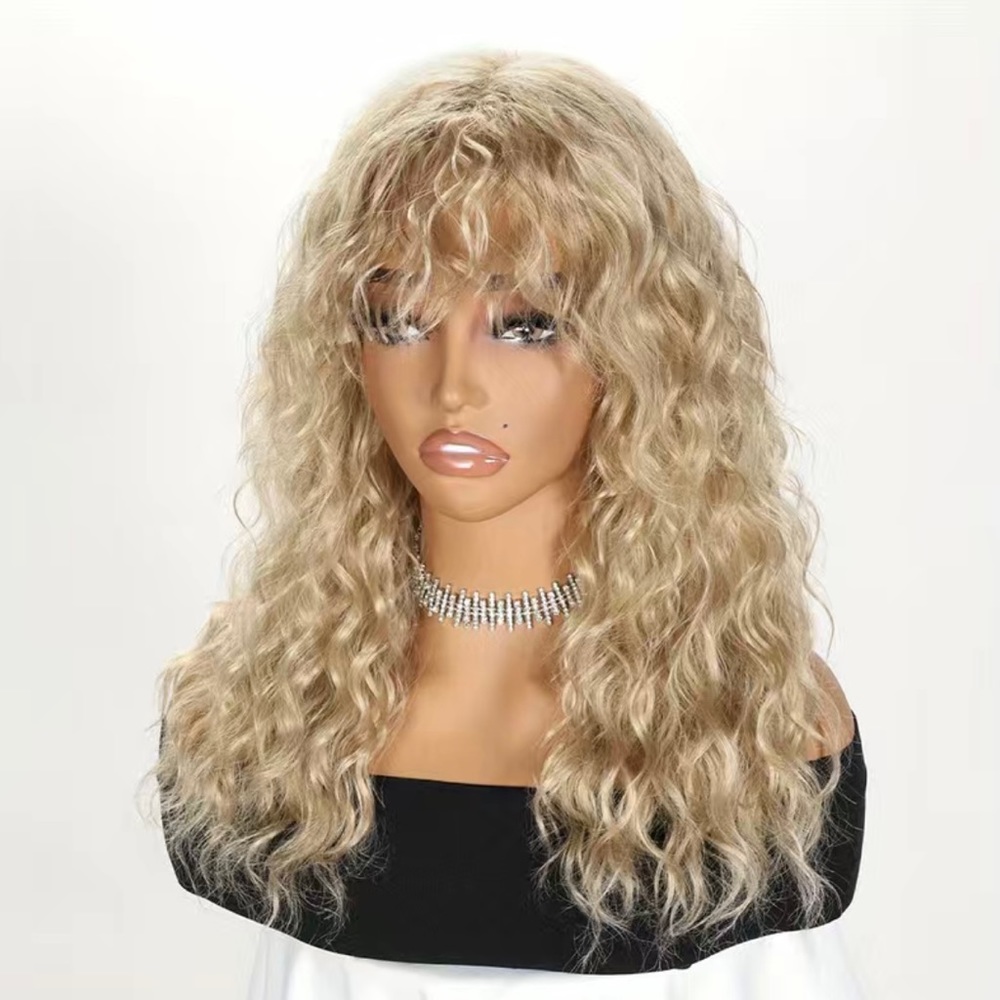 Human hair blenb blonde curly wavy wig with bang